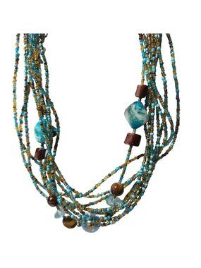 Retro Beaded Necklace Turquoise Brown Accents 70s Fashion Jewelry Women